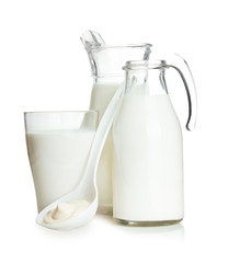 Milk bottle, jar and glass isolated on white background.