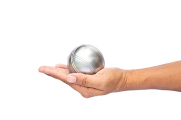 Man and petanque ball in hand on white background