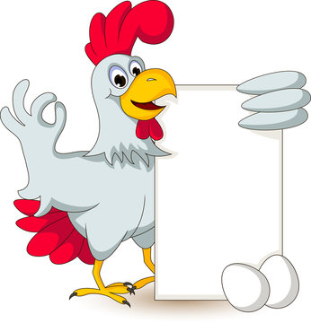 funny chicken cartoon posing with blank sign