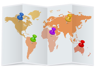 World map with multicolored pins