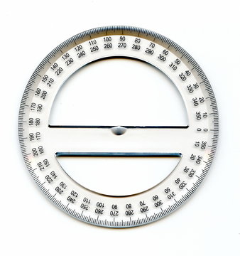 A full circle protractor marked in degrees