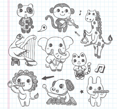 doodle animal music band icons set