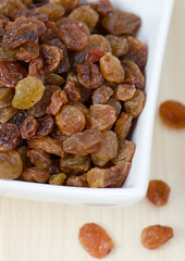 Raisins in a small bowl, closeup