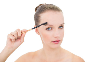 Fototapeta premium Natural pretty blonde model using an eyebrow brush
