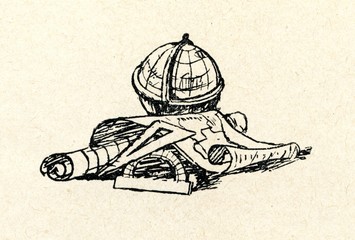 Globe, map and protractor