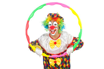 Clown with hula hoop isolated on white