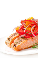 Baked salmon with a salad of sweet peppers and oranges
