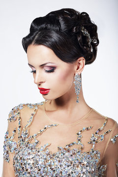 Formal Party. Fashion Model in Formal Shiny Dress with Jewels