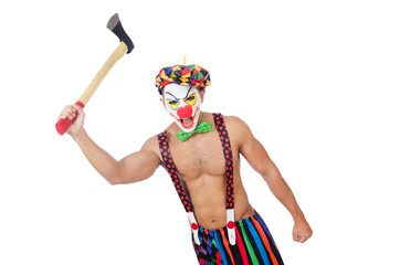 Clown with axe isolated on white