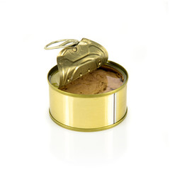 Open can of tuna isolated over white background