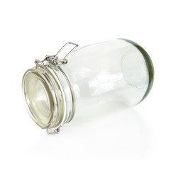 Single and empty glass jar over isolated background