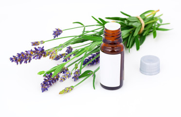 Obraz na płótnie Canvas Olej Lavender Aromaterapia i kwiat lawendy, na białym tle
