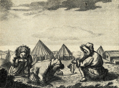 Itelmens making a fire (History of Kamtschatka, 1755)