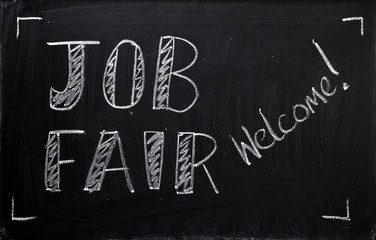 Job Fair welcome on a blackboard sign