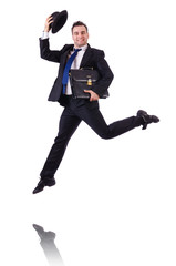 Funny businessman jumping on white