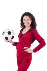 Young woman with football on white