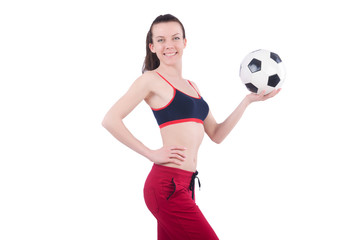 Young woman with football on white