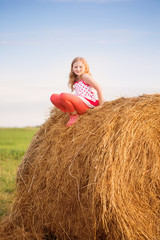 Naklejka na ściany i meble girl on the straw after harvest field