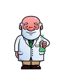 Scientist holding a flash with a green liquid.