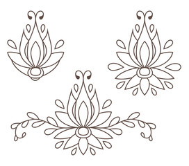 set of decorative flat silhouette floral elements for design