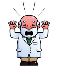 Scientist being shocked with his hands up.