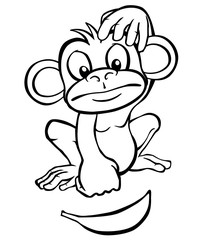 Black and white cartoon monkey looking at a banana.