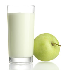Glass of kefir and green apple, isolated on white