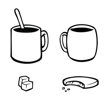 Black and white icons of coffee and tea cups with food.