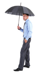 Businessman with umbrella, isolated on white