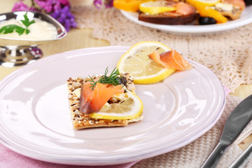 Salmon sandwiches on plate  on wooden table close-up