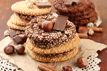 Homemade cookies with sesame seeds, chocolate,