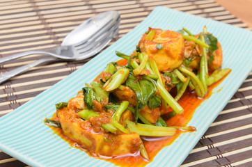 Fried Tofu with chinese kale in red curry saurce