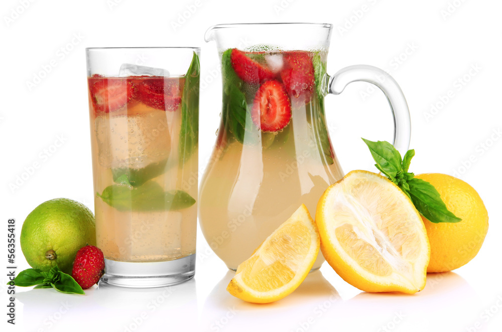 Wall mural basil lemonade with strawberry, isolated on white