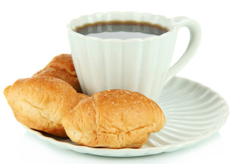 Tasty croissants and cup of coffee isolated on white