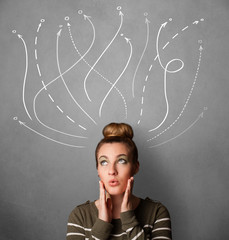 Young woman with arrows coming out of her head