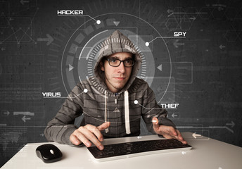 Young hacker in futuristic enviroment hacking personal informati