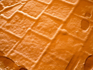 footprints on fresh snowed sidewalk flagstones