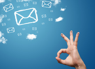 Happy smiley fingers looking at mail icons made out of clouds