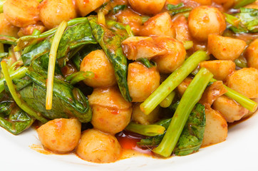 Fried Fish meat ball and  chinese kale in chilli sauce