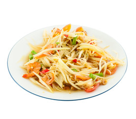 Papaya salad (Som Tam) Thai cuisine spicy delicious on white