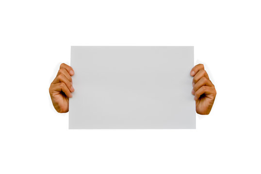 Hands holding blank advertisement card with copy space