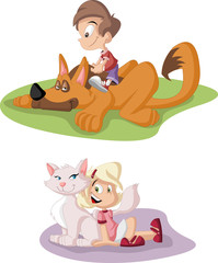 Colorful cute happy cartoon boy and girl with dog and cat