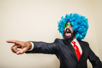 crazy funny bearded man with blue wig