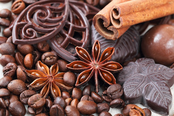 Fototapeta na wymiar Anise, cinnamon, chocolate and coffee beans