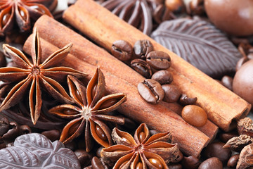 Obraz na płótnie Canvas Anise, cinnamon, chocolate and coffee beans