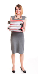 Woman work Overworked businesswoman plenty of documents isolated