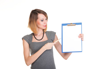 young business woman standing with her clipboard isolated