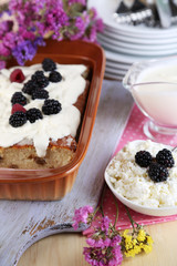 Cheese casserole with raisins in pan