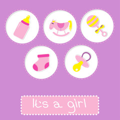 Baby girl shower card with bottle, horse, rattle, pacifier and s