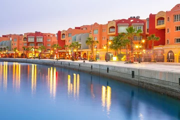 Wall murals Egypt Beautiful architecture of Hurghada Marina at dusk in Egypt